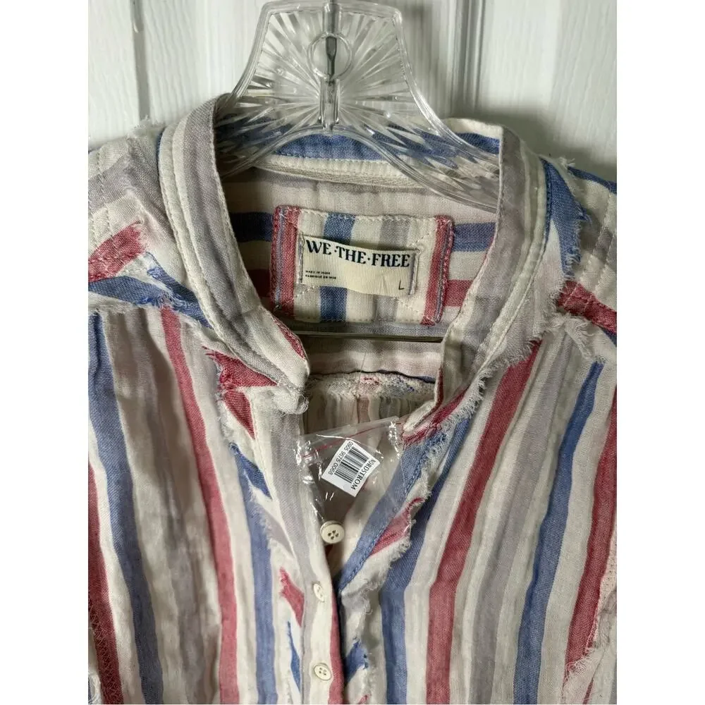 Free People Valley Double Cloth Striped Shirt in Ivory Combo L